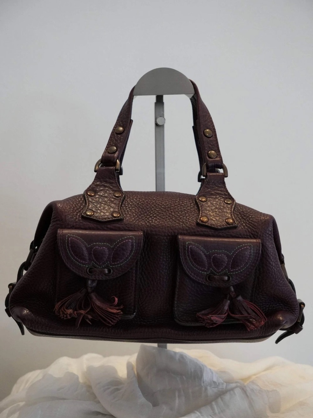 Mulberry Plum Leather Double Tassel Front-Pocket Satchel